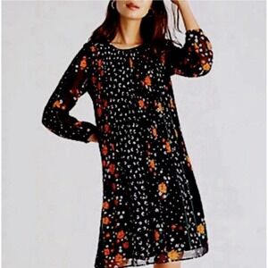 Ann Taylor Chiffon Pleated Shift Dress Medium Sheer Layer Lined Keyhole Cottage
